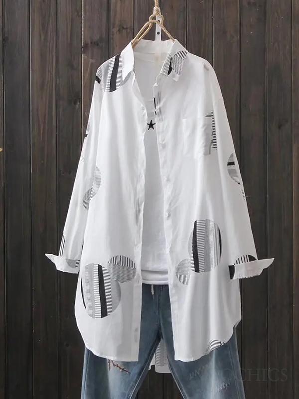 Long Sleeves Loose Polka Dot Printed Lapel Shirts Tops Product Image