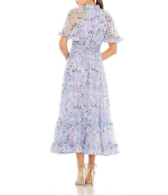 Mac Duggal Ruffle Mock Neck Short Flutter Sleeves Floral Printed Chiffon Flounce Hem A-Line Midi Dress Product Image