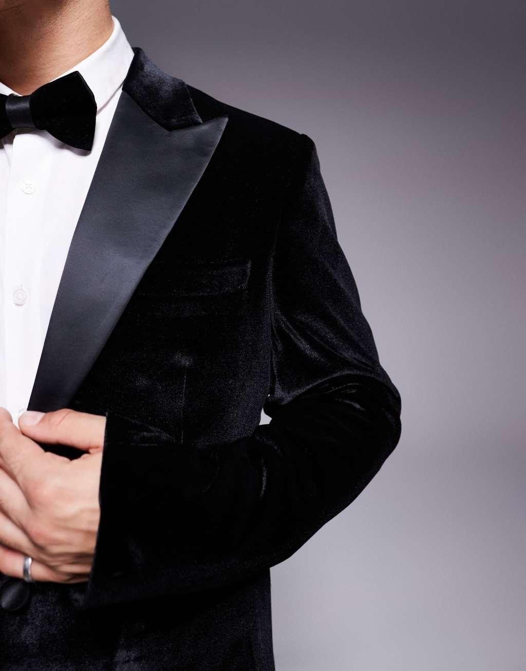 ASOS DESIGN slim velvet tuxedo blazer in black Product Image