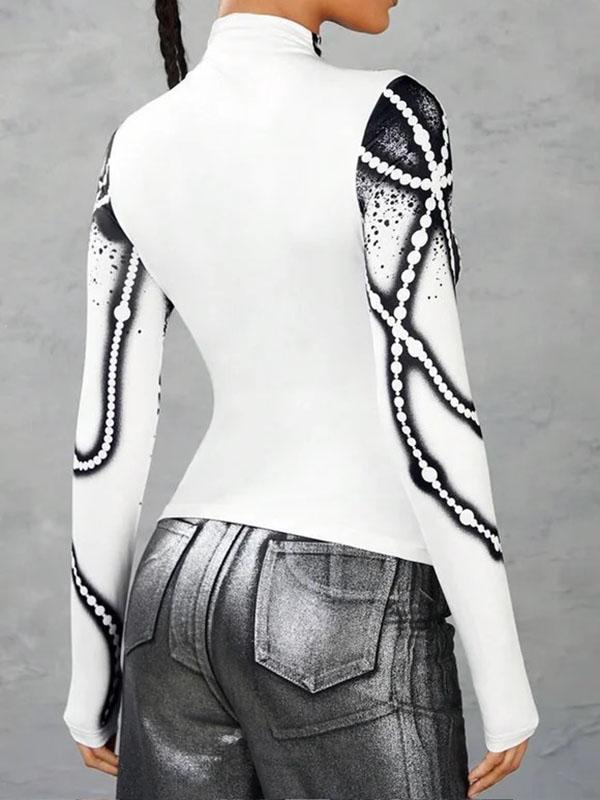 Long Sleeves Skinny Printed Striped High Neck T-Shirts Tops Product Image