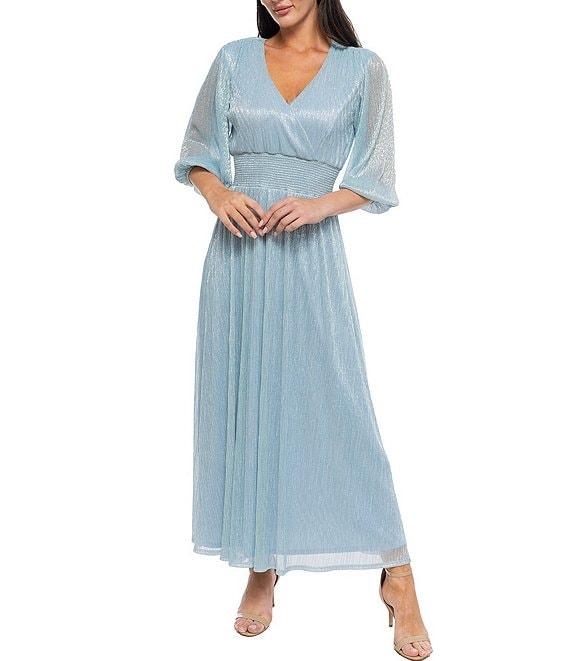 Marina V Neck 3/4 Sleeve Smock Waist Mini Pleat Metallic Dress Product Image