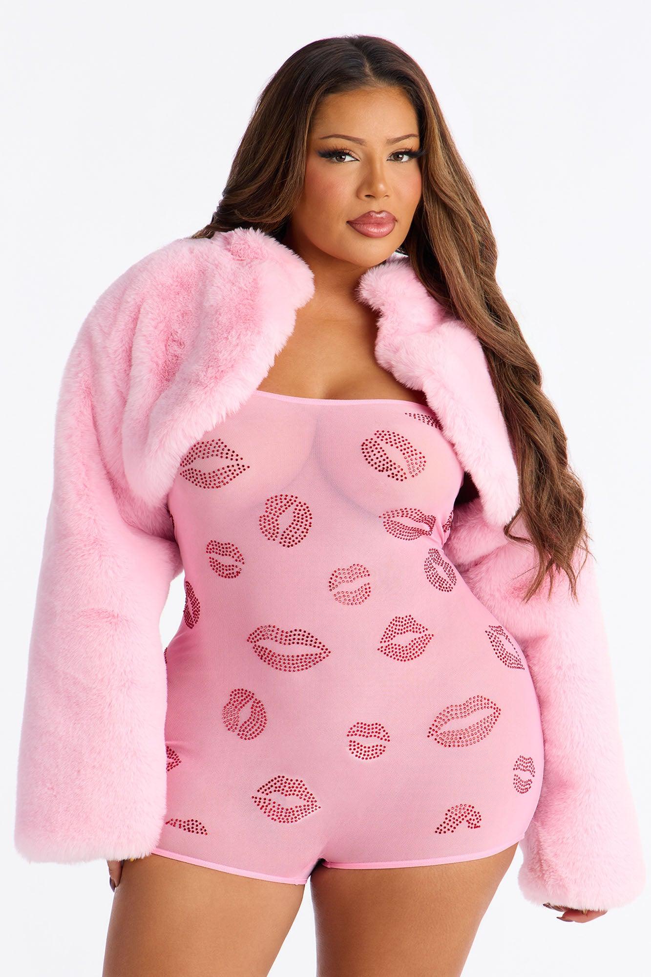 Lip Lover Rhinestone Mesh Romper With Bolero - Pink/combo Female Product Image