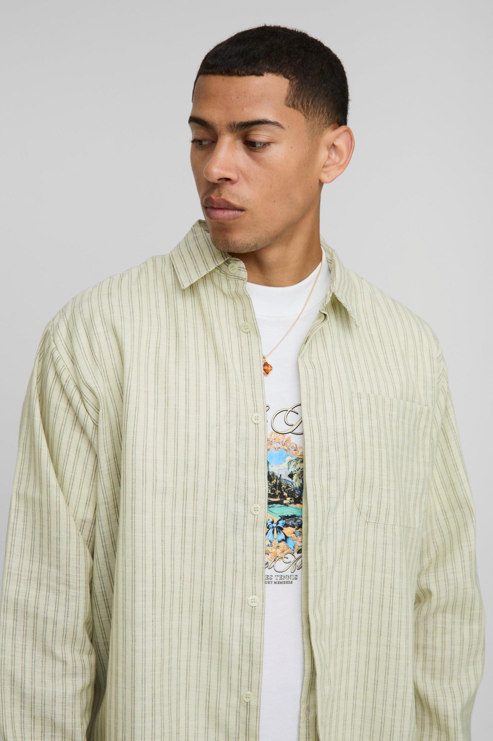 Super Oversized BoohooMan Linen Look Stripe Shirt | boohooMAN USA Product Image