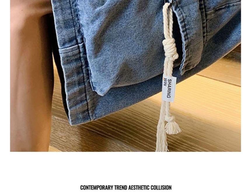 Drawstring Waist Washed Denim Wide Leg Cargo Shorts Product Image