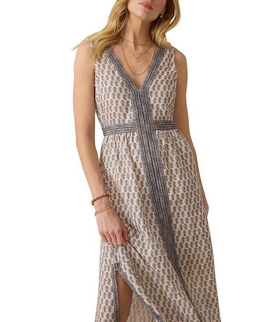 Faherty Macey Knit Linen Printed V-Neck Sleeveless A-Line Maxi Dress Product Image