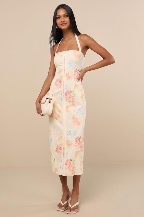 Arrosa Light Yellow Floral Halter Midi Dress Product Image