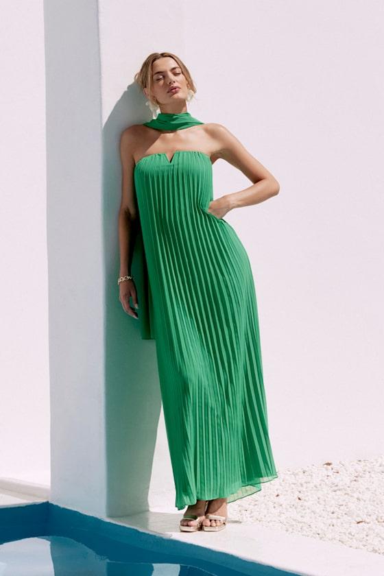 Lael Green Pleated Strapless Dress and Scarf Set Product Image