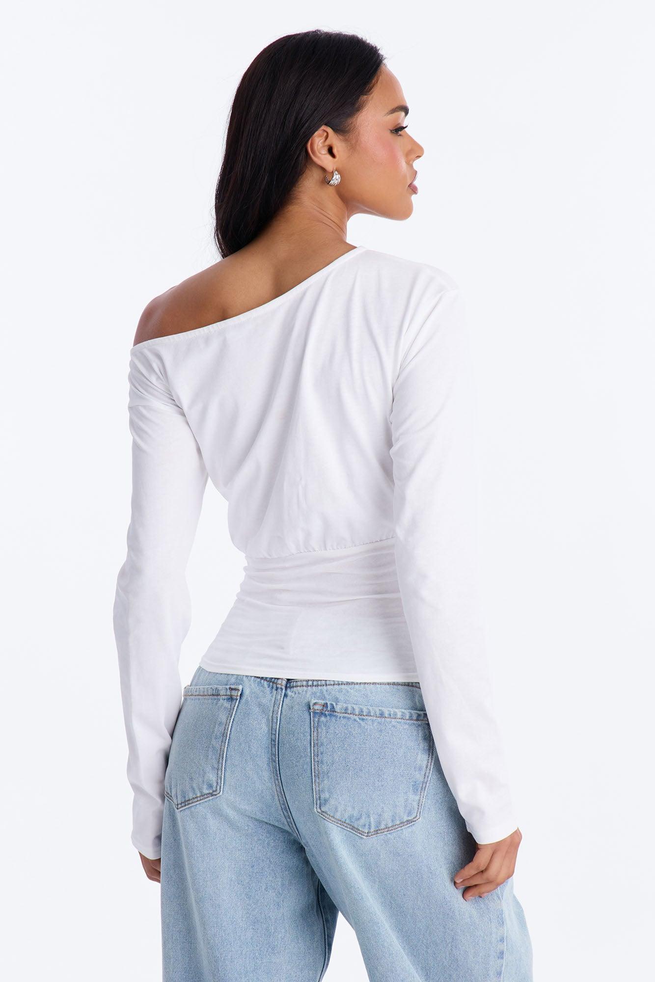Olandria Off Shoulder Lace Up Long Sleeve Top - White Female Product Image