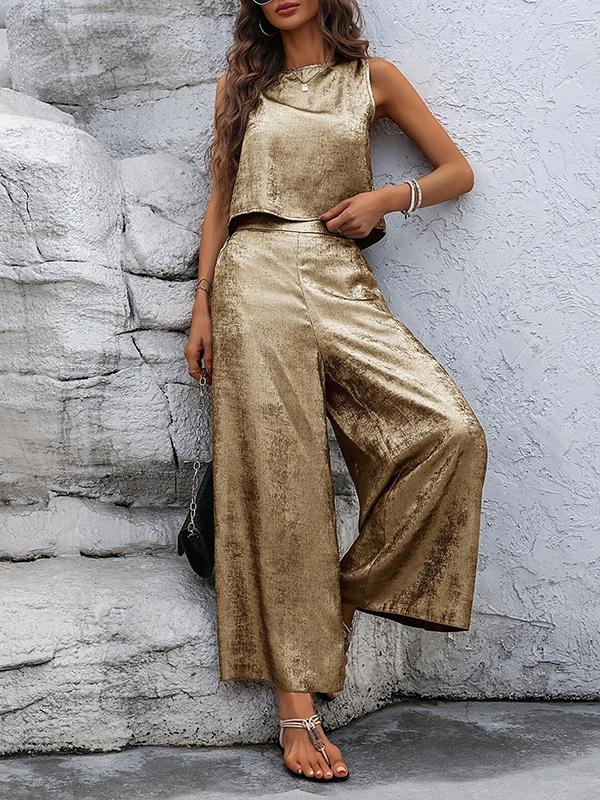 Loose Sleeveless Hollow Shiny Split-Joint Round-Neck Vest Top + Pants Bottom Two Pieces Set Product Image