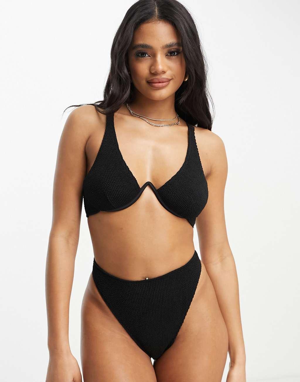 ASOS DESIGN Amy mix and match crinkle monowire bikini top in black  Product Image