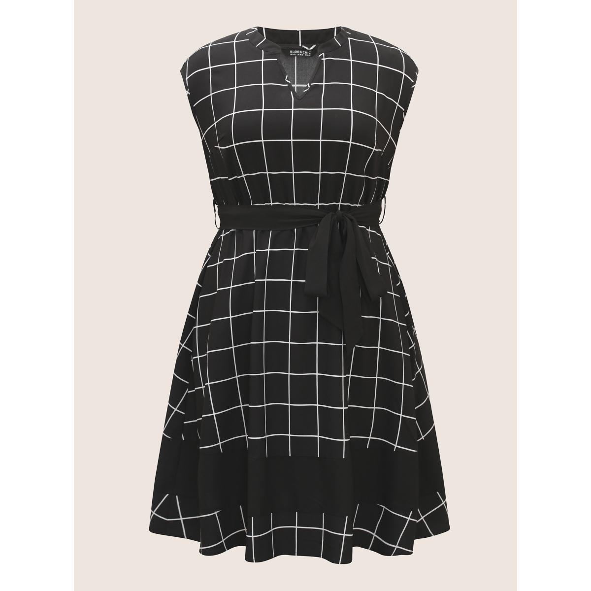 Plus Size Plaid Notched Belted Cap Sleeve Midi Dress Black Women Work From Home Belted Flat collar with V-notch Cap Sleeve Curvy BloomChic 22-24/3X Product Image