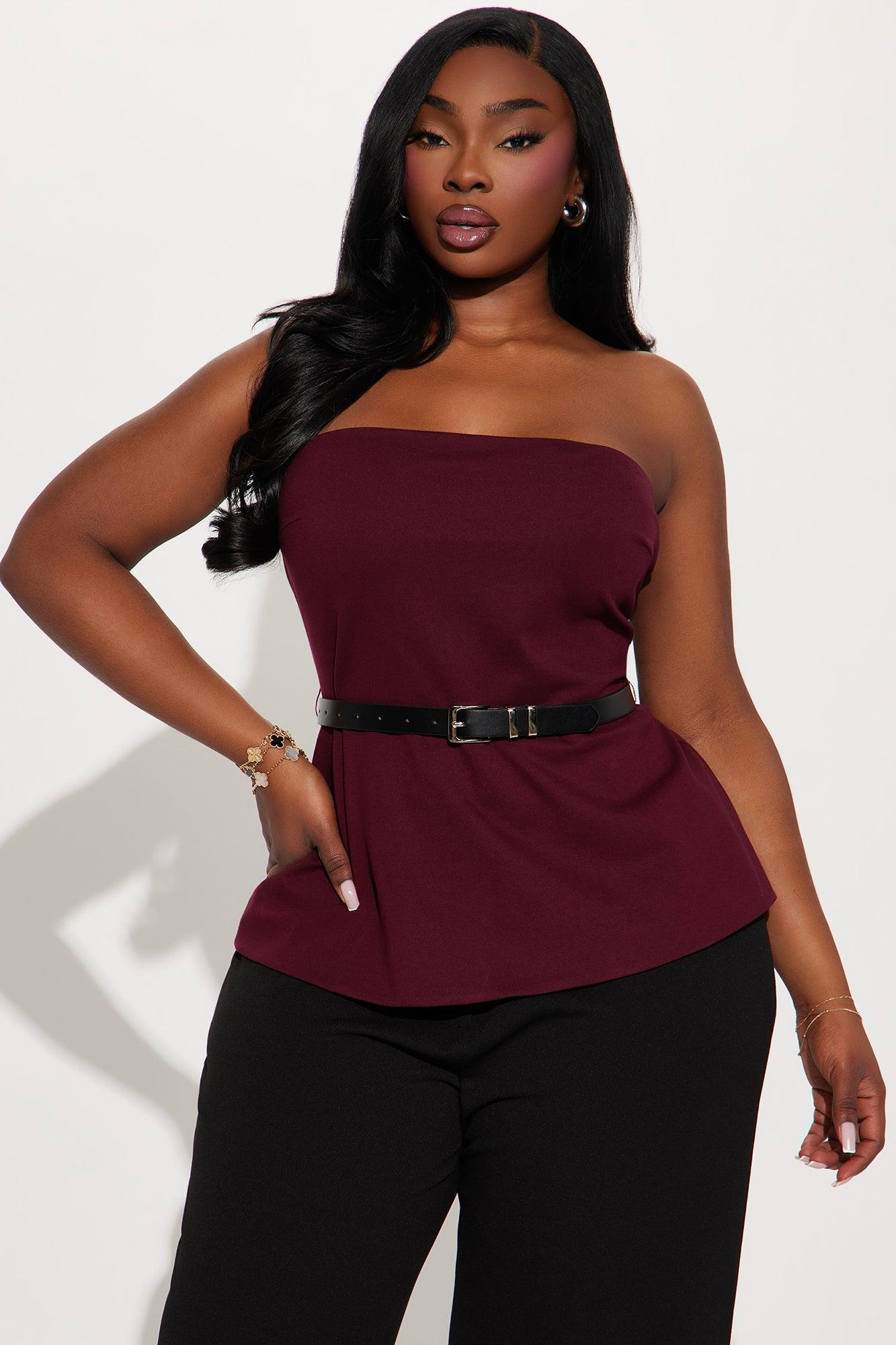 Mia Belted Strapless Top - Burgundy Product Image