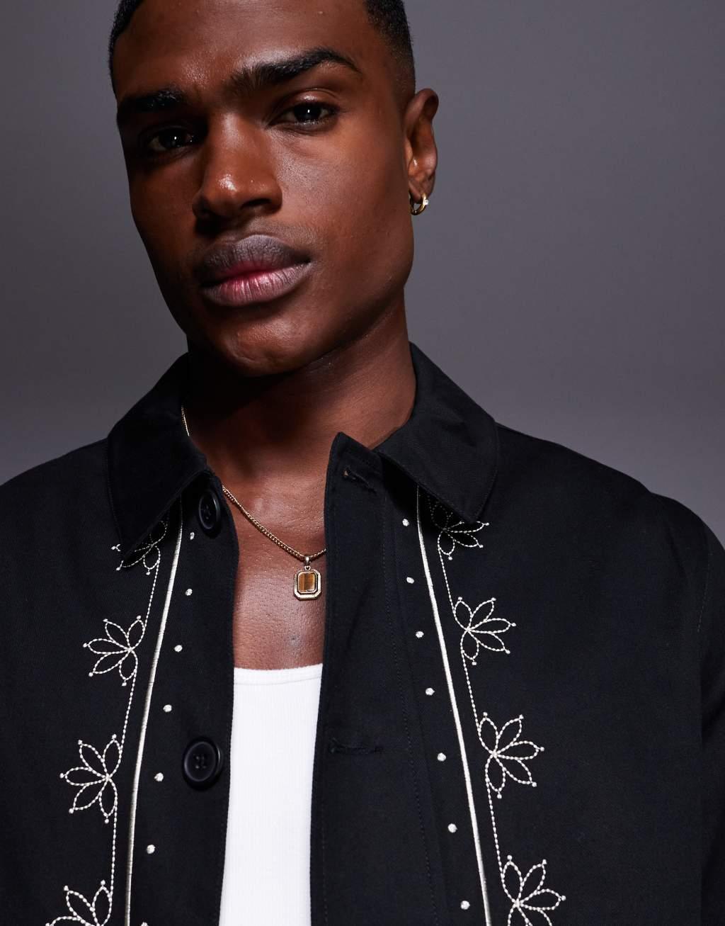 ASOS DESIGN embroidered harrington jacket in black Product Image