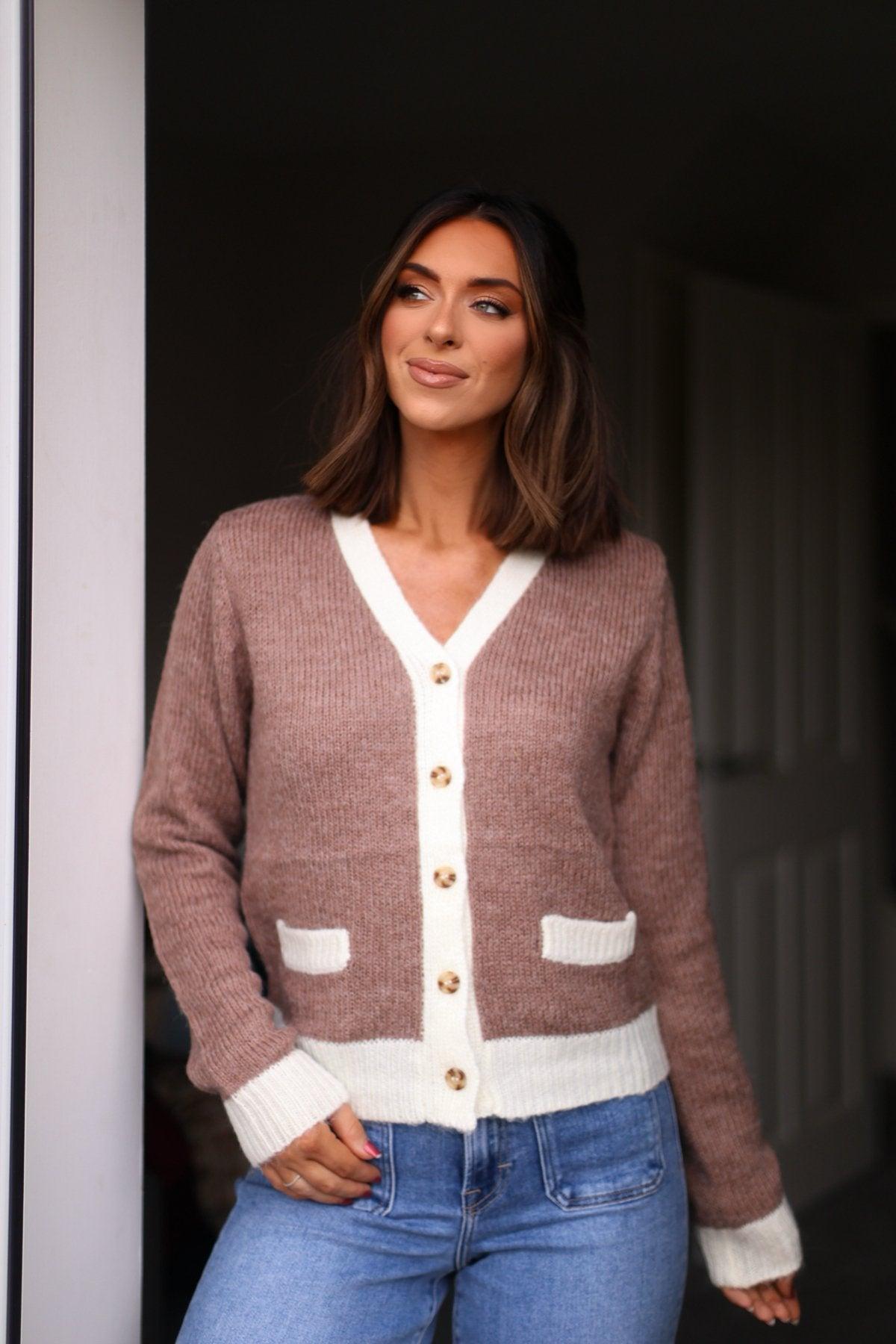 Brown Two Tone Button Up Cardigan - FINAL SALE Female Product Image