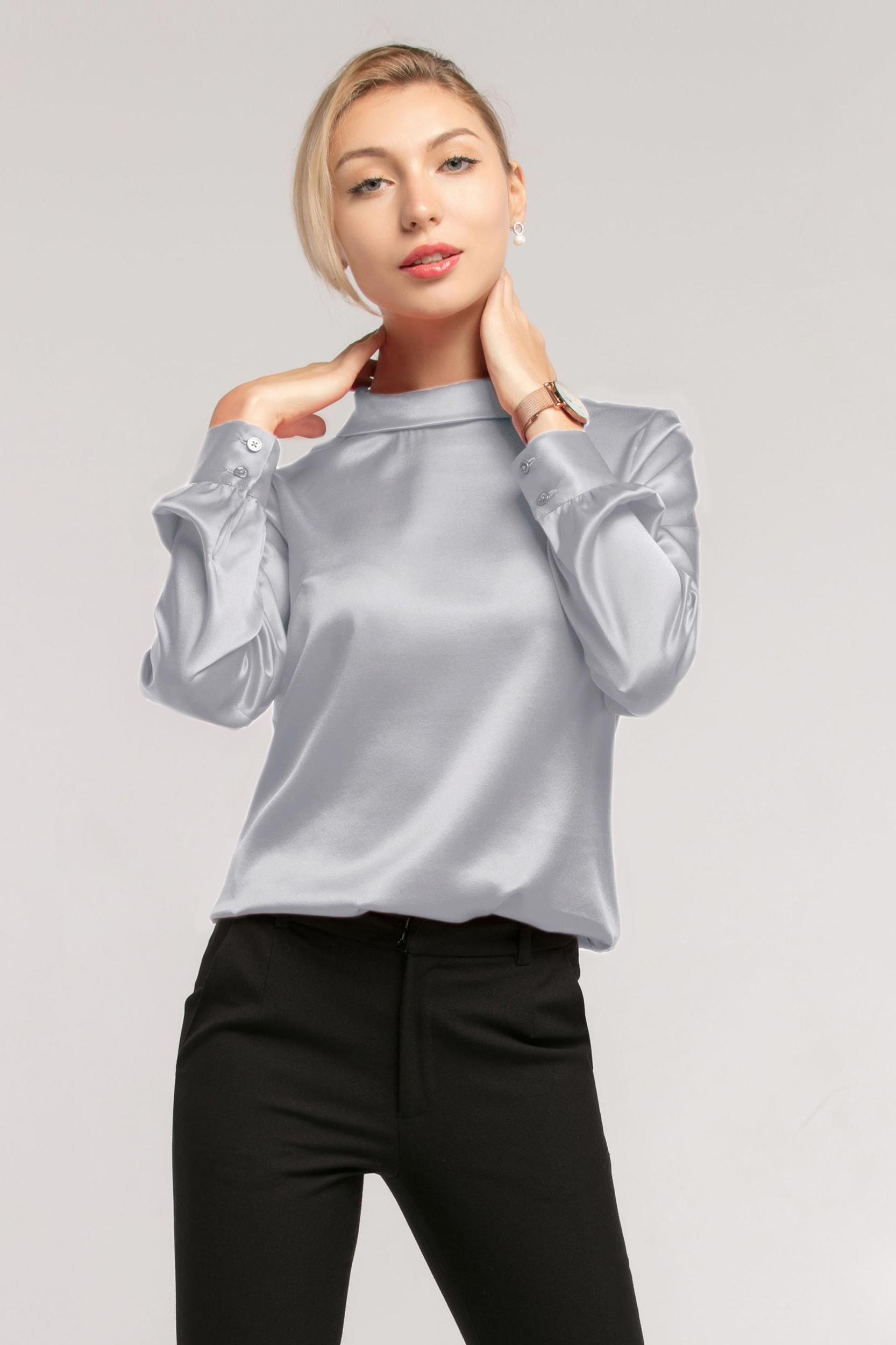 Stand Collar Long Sleeves  Silk Blouse Product Image