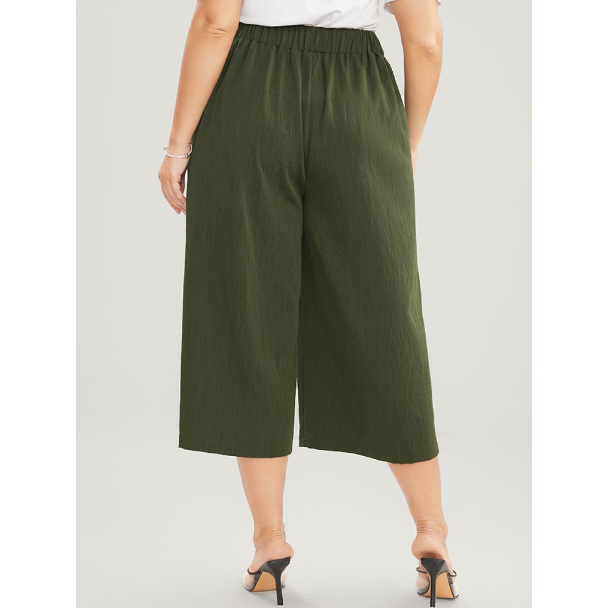 Plus Size Solid Elastic Waist Button Detail Pocket Loose Pants Women ArmyGreen Casual Loose High Rise Office Pants BloomChic 10/M Product Image