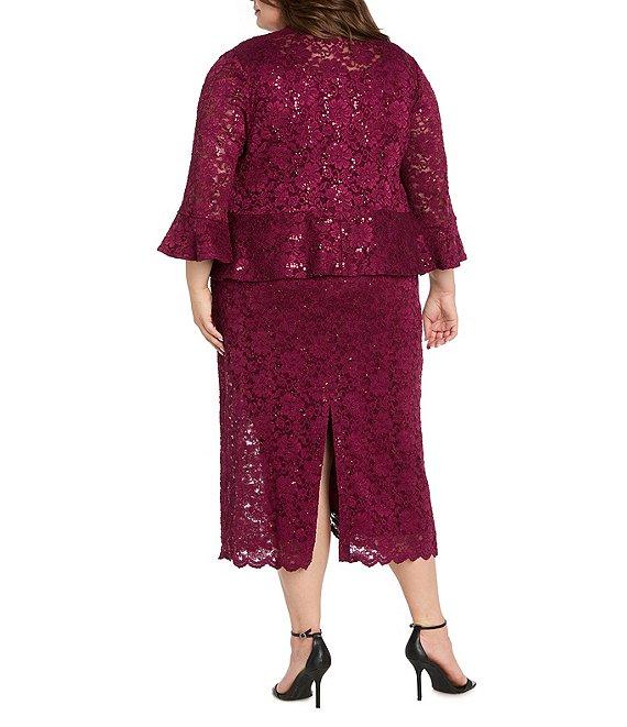 R & M Richards Plus Size Lace Sequin Power Mesh Scallop Trim 3/4 Sleeve Jacket Midi Dress Product Image