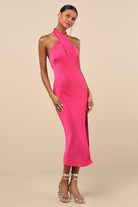 Beyond Classy Hot Pink Satin Halter Midi Dress Product Image