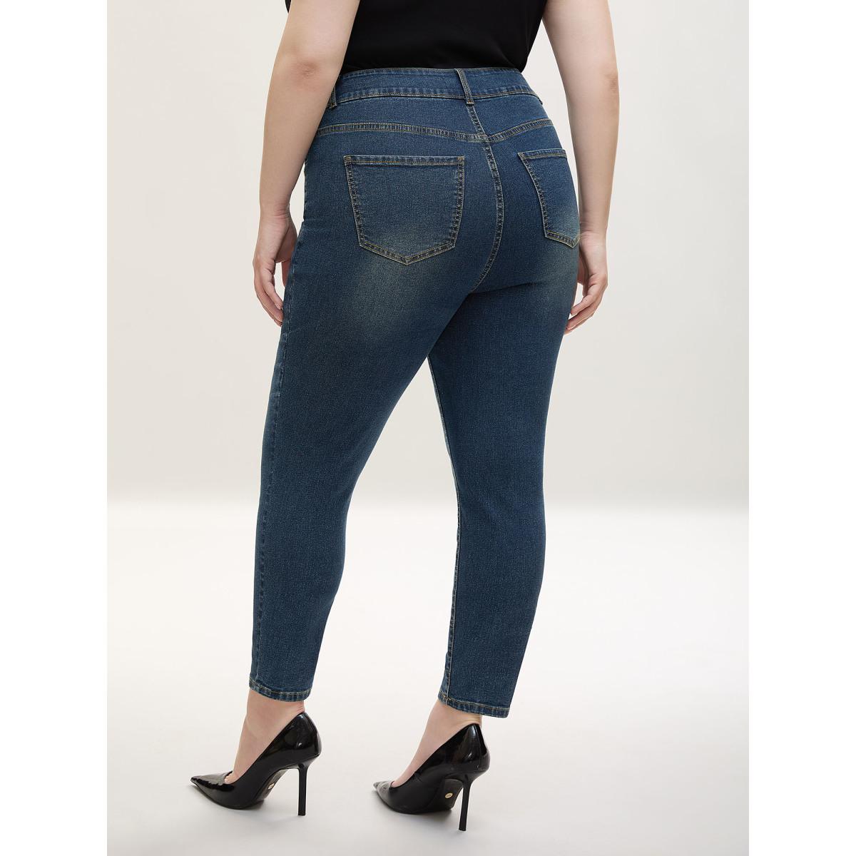 Plus Size Whiskered Wash Mid-Rise Skinny-Fit Jeans Women Denimblue Casual Non High stretch Slanted pocket Jeans BloomChic 22/3X Product Image