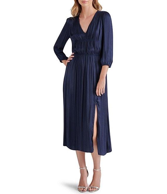 Steve Madden Arlene Washed Satin V Neck Quarter Sleeve Midi Dress Product Image