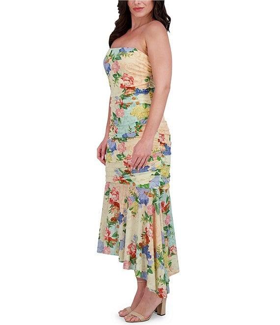 SIENA Mesh Floral Print Strapless Neck Sleeveless Ruched Drop Waist Midi Dress Product Image