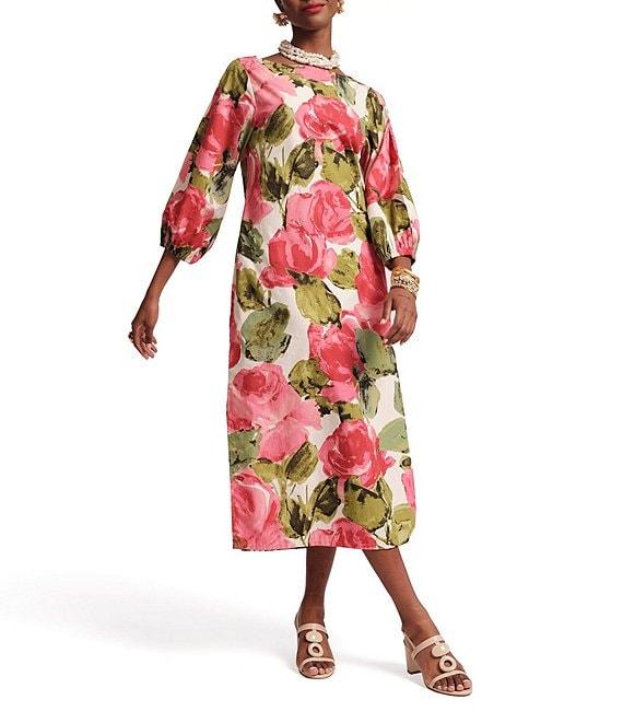 FRANCES VALENTINE Minnow Pretty Peonies Print Boatneck 3/4 Bishop Sleeve Midi Dress Product Image