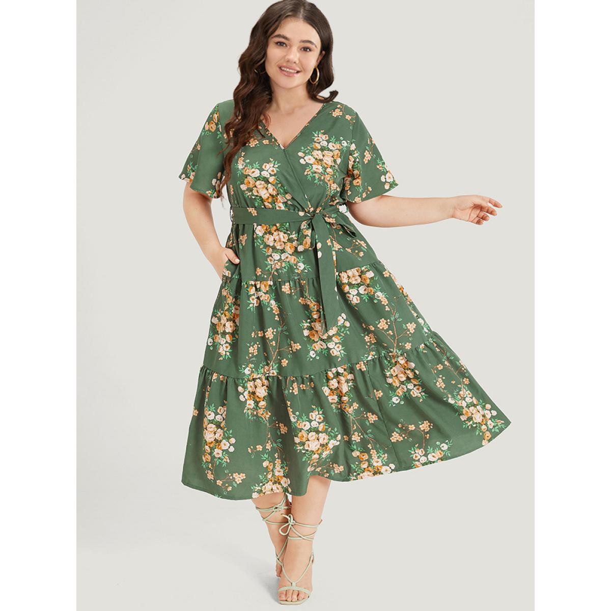 Plus Size Floral Print Wrap Belted Pocket Ruffle Hem Dress Green Women Elegant Lined V-neck Short sleeve Curvy Midi Dress BloomChic 18-20/2X Product Image