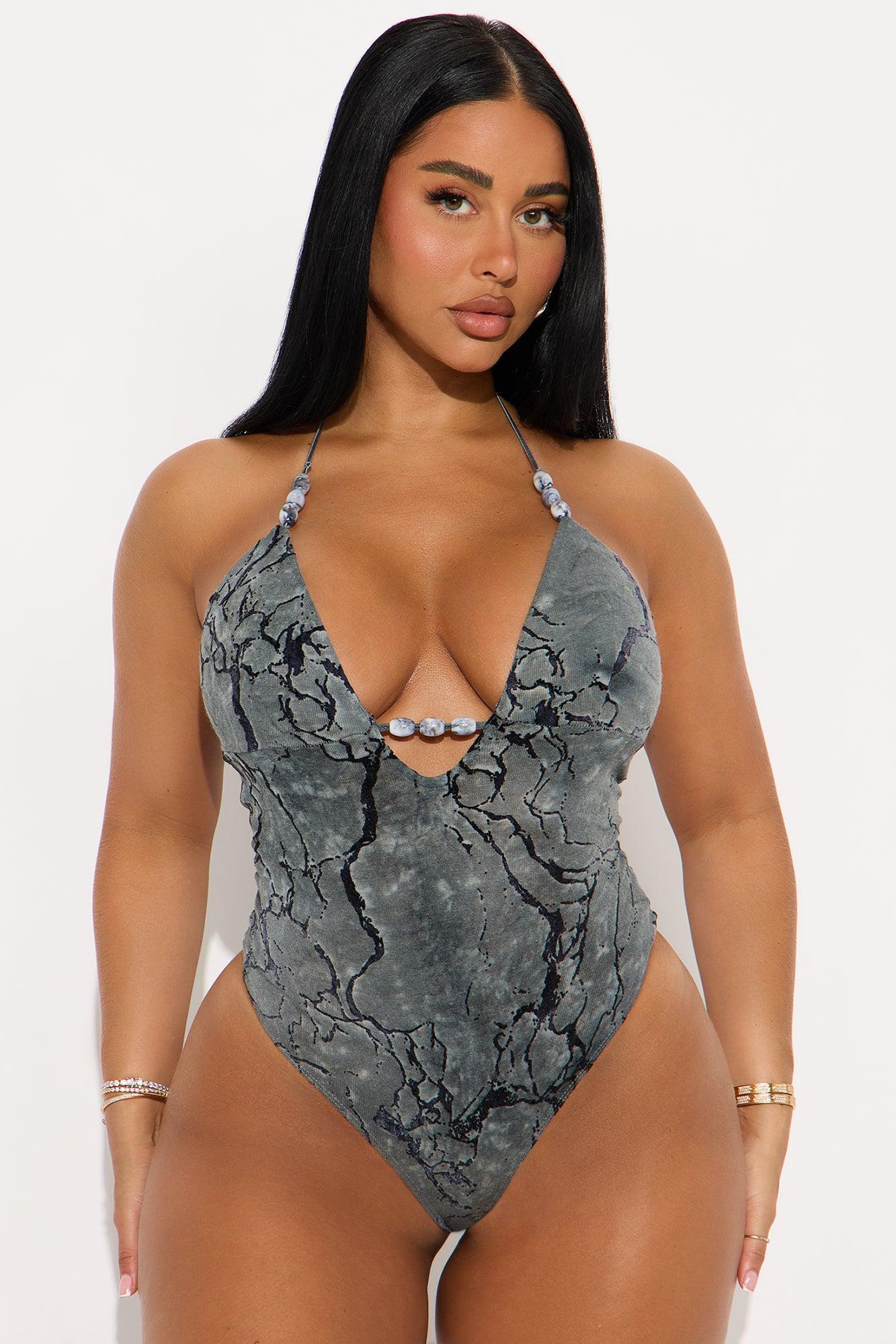 Enchanted Whisper Flocked Halter Bodysuit - Charcoal Female Product Image
