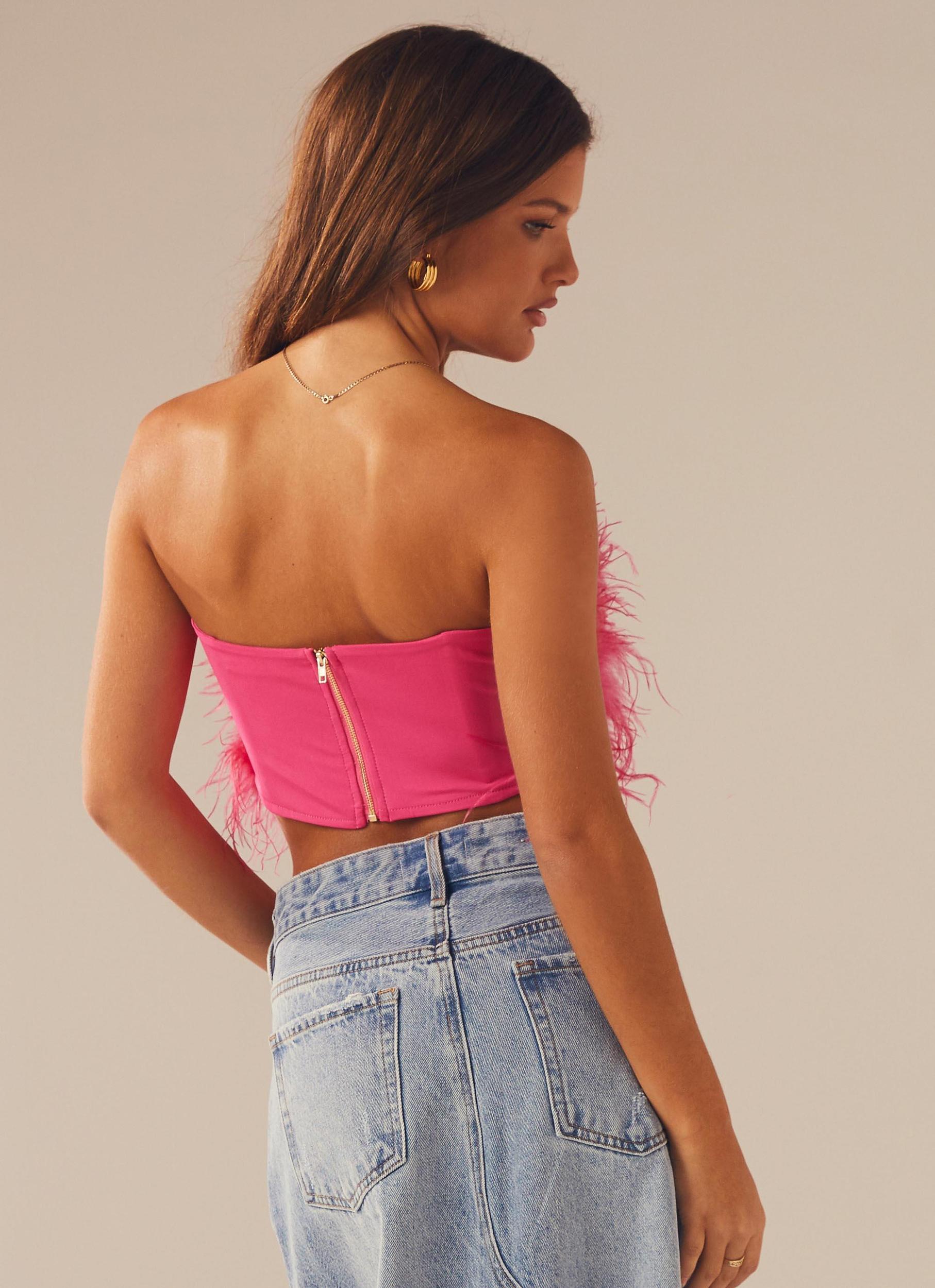 The Night Is Ours Feather Crop Top - Pink Cosmo Product Image