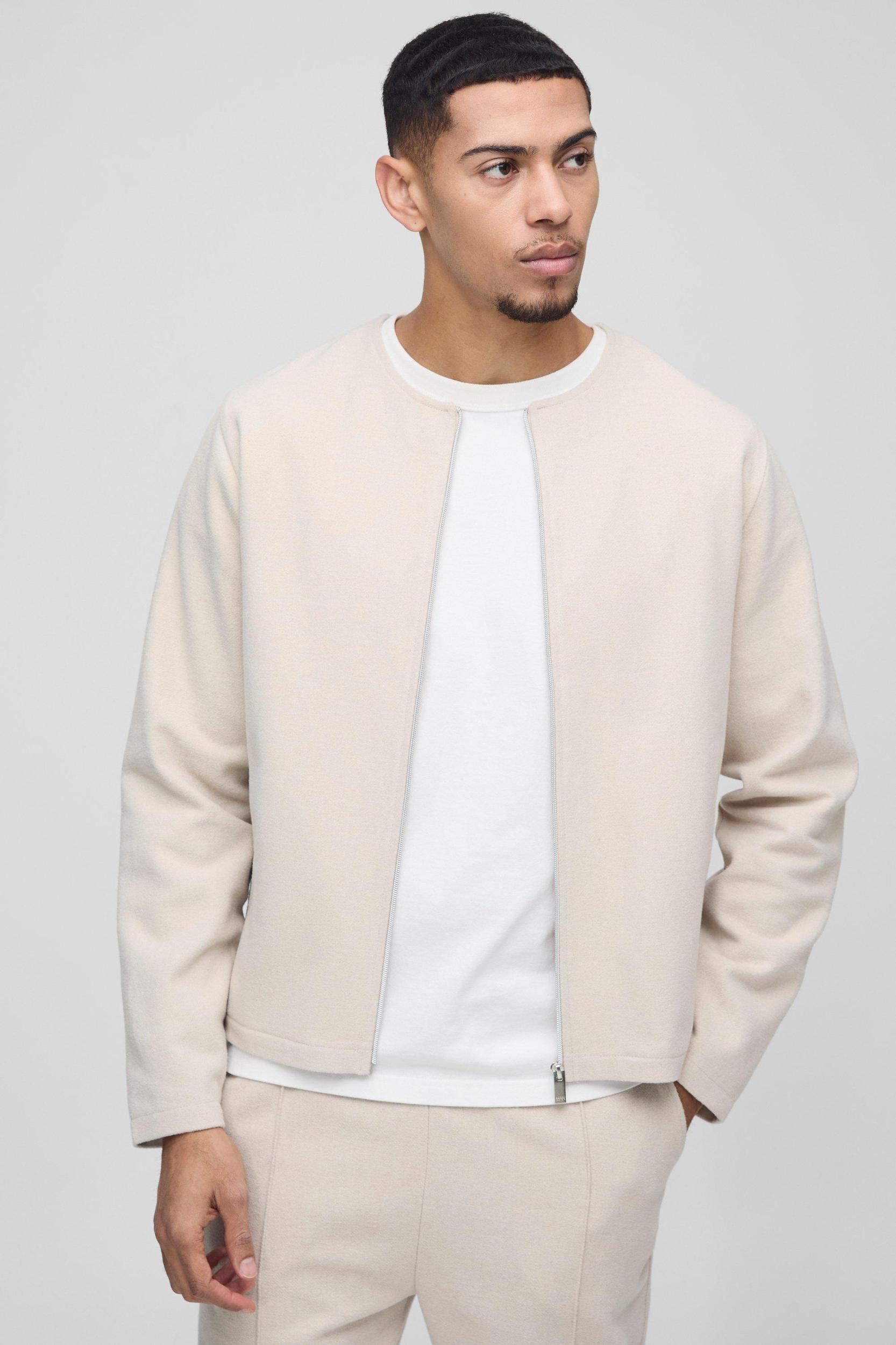 Regular Brushed Zip Through Collarless Jacket | boohooMAN USA Product Image