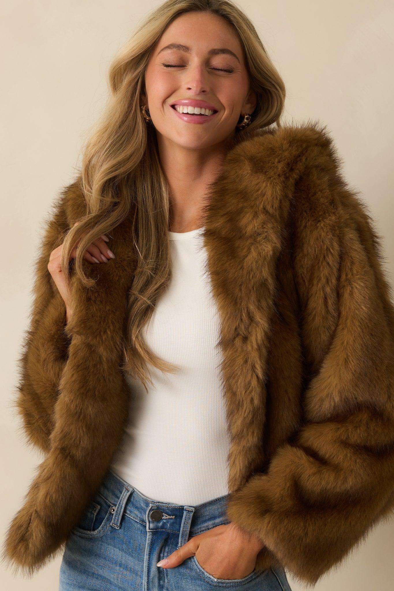 Everything Considered Brown Faux Fur Hooded Jacket Product Image