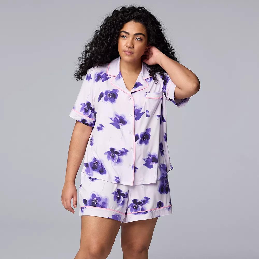 Plus Size Simply Vera Vera Wang Cozy Short Sleeve Notch Collar Pajama Top & Boxer Pajama Shorts Set, Women's, Size: 2XL, Purple Floral Product Image