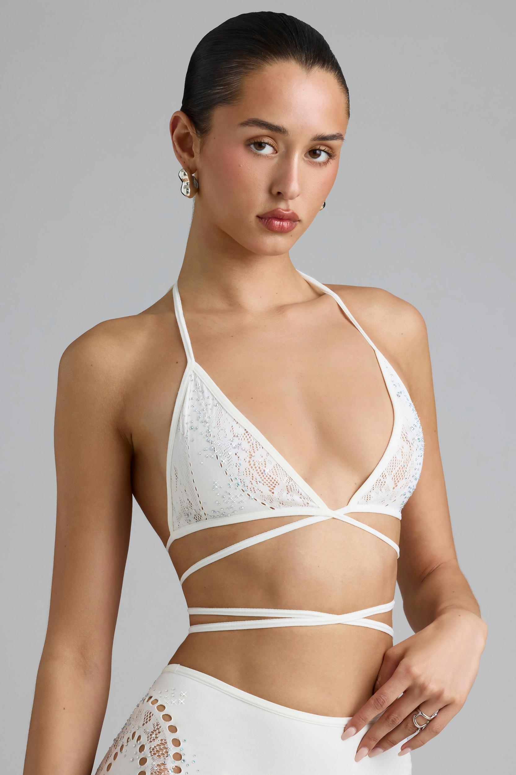 Embellished Cross-Strap Bikini Top in Ivory Female Product Image