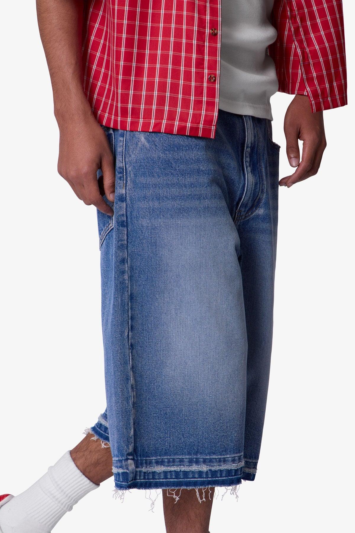 Ultra Baggy Raw Hem Denim Shorts - Washed Blue Product Image