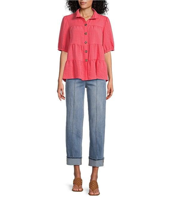 John Mark Wire Collar Short Sleeve Tiered Button-Front Top Product Image