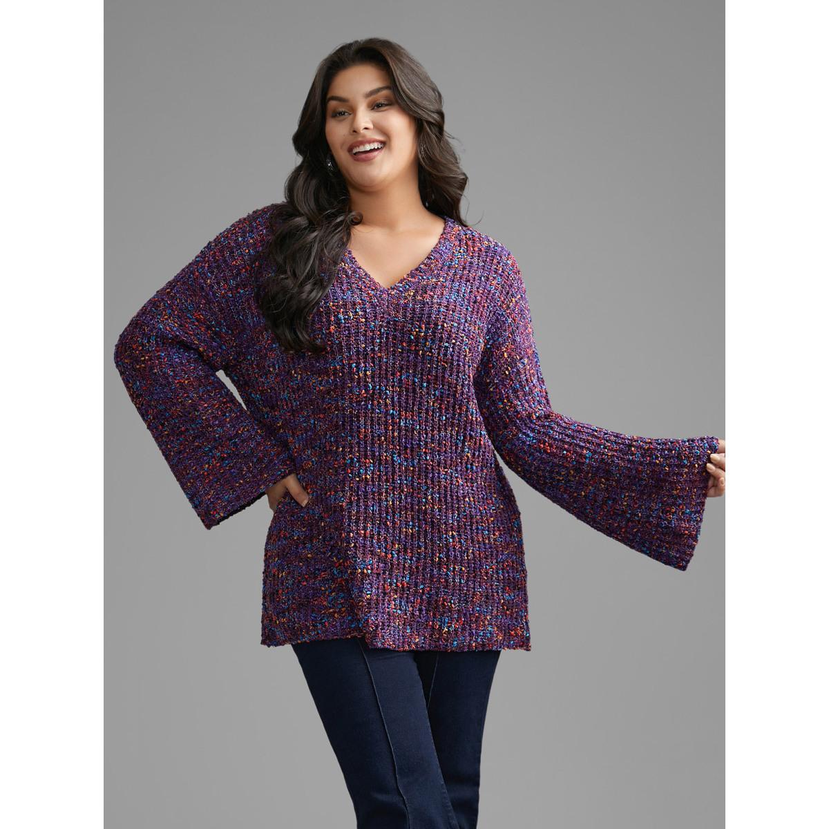 Plus Size Round Neck Heather Bell Sleeve Pullover Deeppurple Women Elegant Loose Long Sleeve V-neck Everyday Pullovers BloomChic 28/5X Product Image