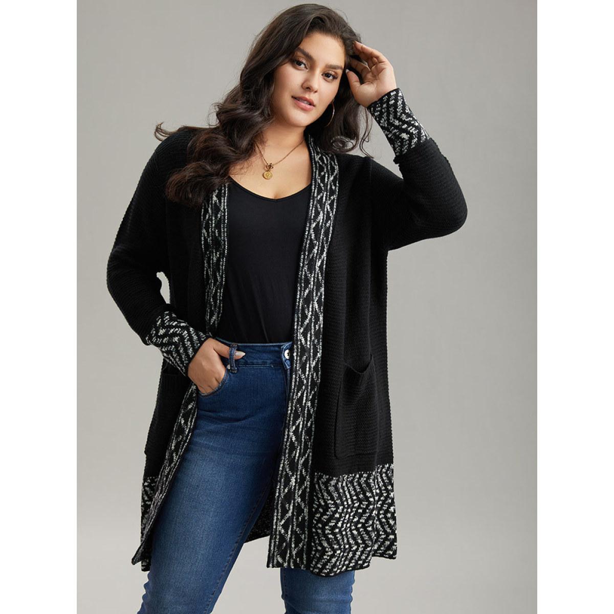 Plus Size Bandana Trim Patched Pocket Cardigan Black Women Casual Loose Long Sleeve Everyday Cardigans BloomChic 18-20/2X Product Image