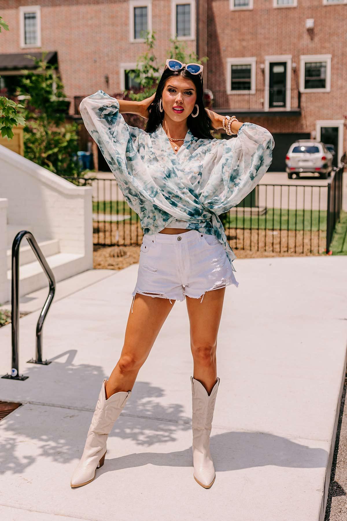 Somewhere Tropical Watercolor Tie Top In Dark Teal Product Image