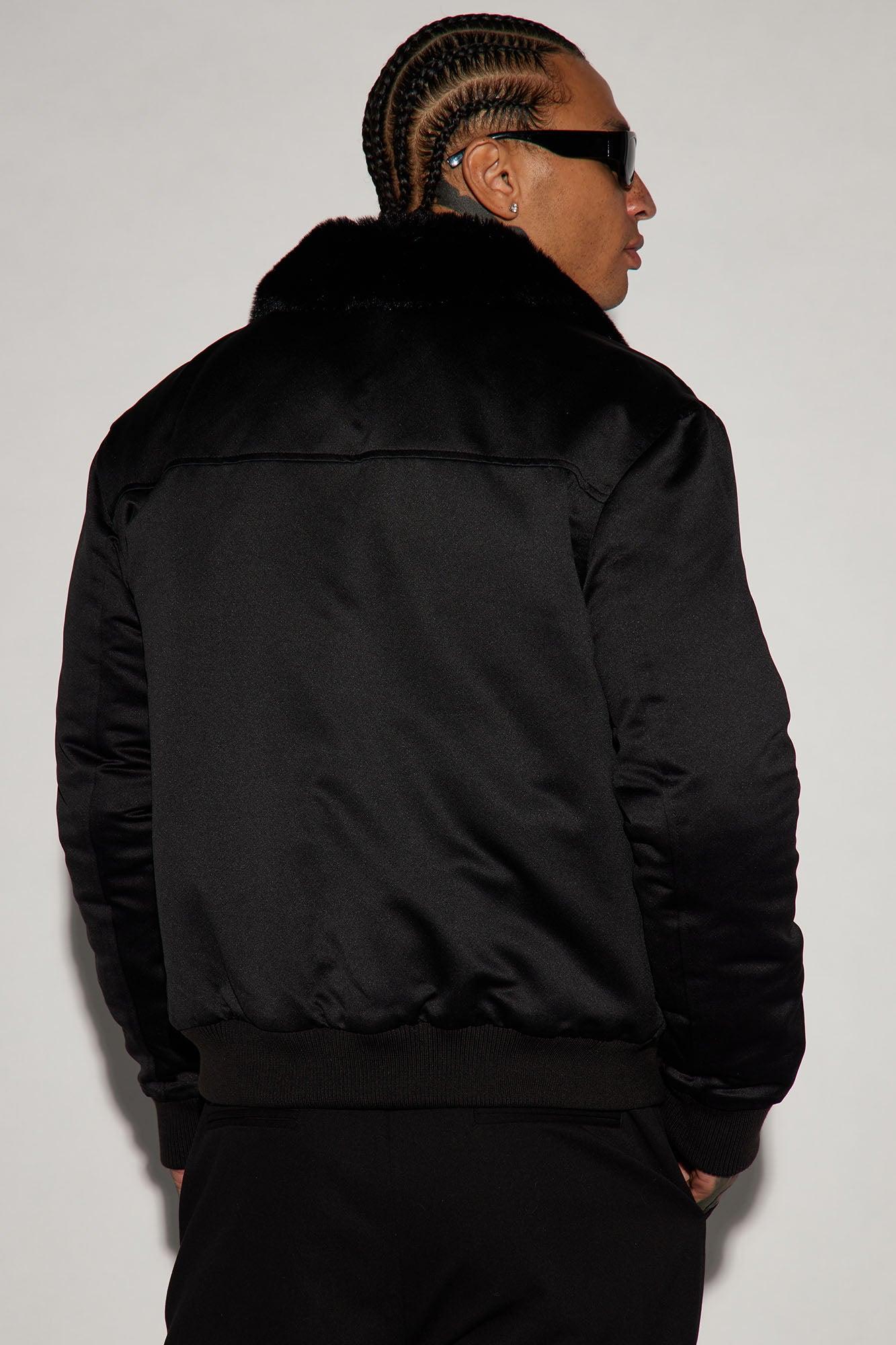 Faux Fur Collar Aviator Bomber Jacket - Black Product Image