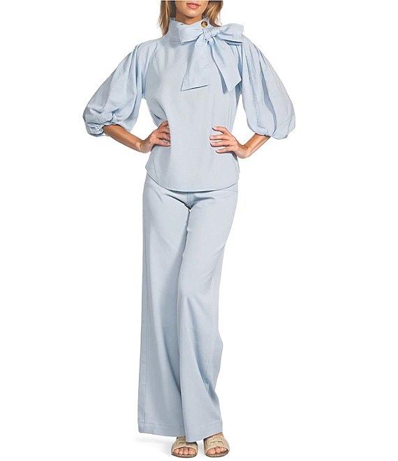 A Loves A Tinted Denim Mock Bow Tie Neck 3/4#double; Puffed Balloon Sleeve Pleated Button Shoulder Tulip Hem Top Product Image