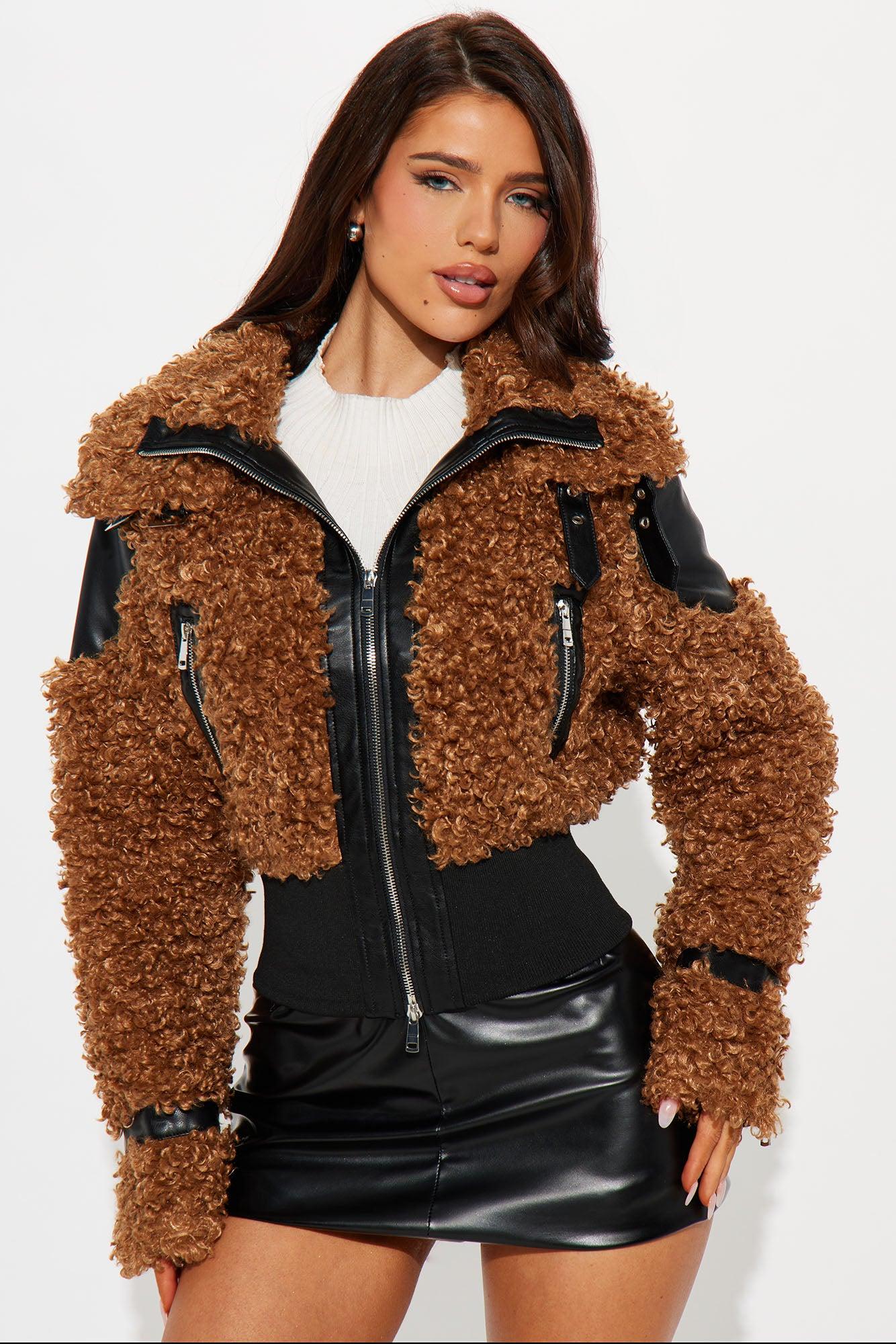 Wild Side Faux Fur Bomber Jacket - Cognac Product Image