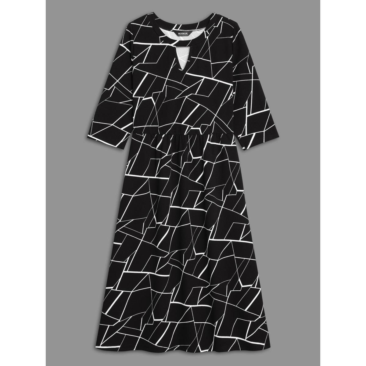 Plus Size Geometric Keyhole Elastic Waist Midi Dress Black Women At the Office Distressed Round Neck Elbow-length sleeve Curvy BloomChic 26/4X Product Image