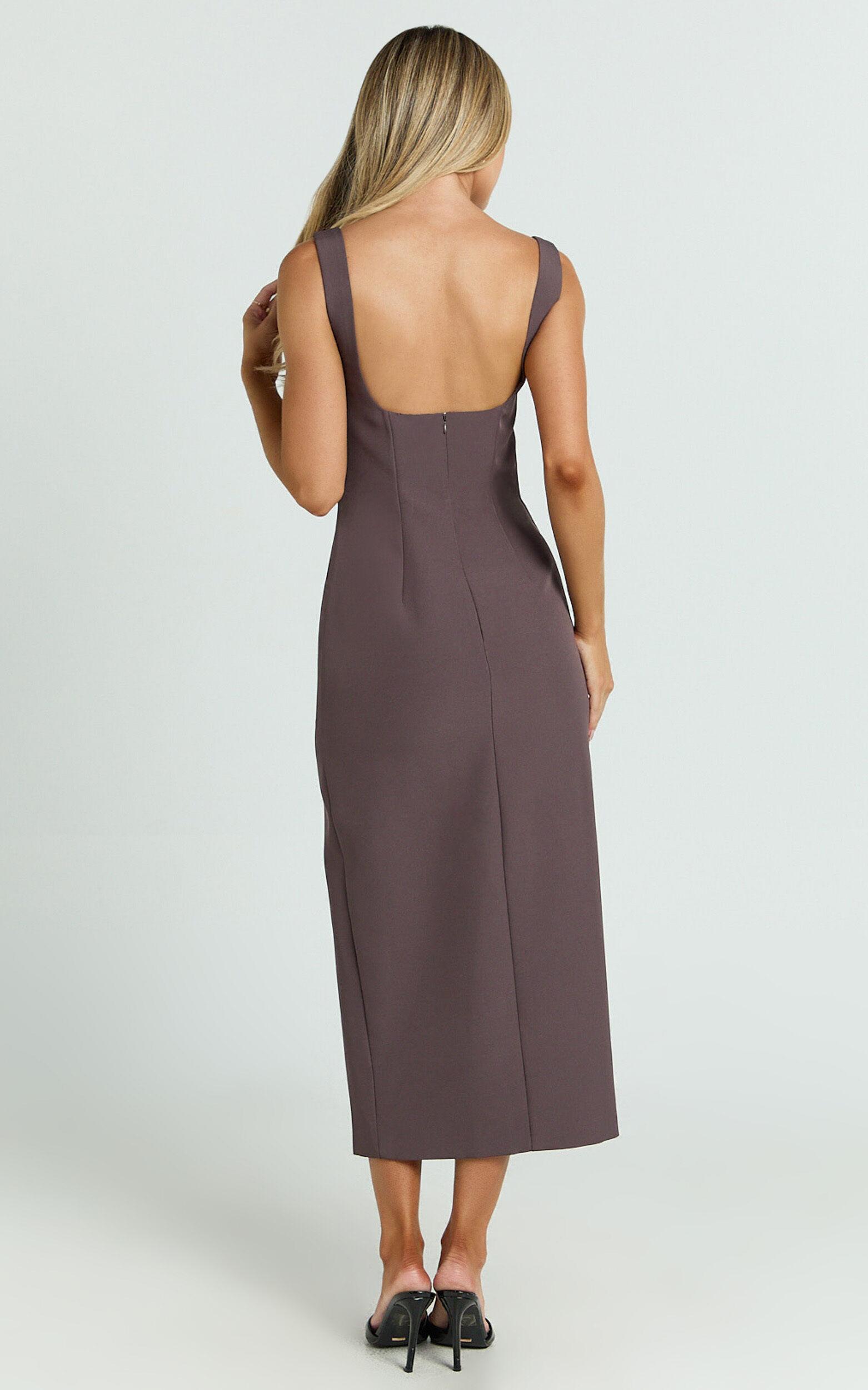 Aretha Midi Dress - Square Neckline High Split Dress in Mocha Product Image