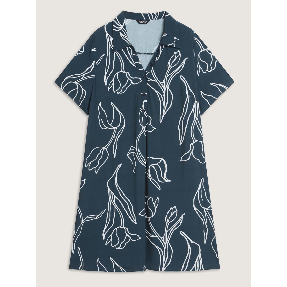 Plus Size Floral Print Cinched Flared Knee-Length Dress DarkBlue Women Office Shirt collar Short sleeve Curvy BloomChic 14-16/1X Product Image