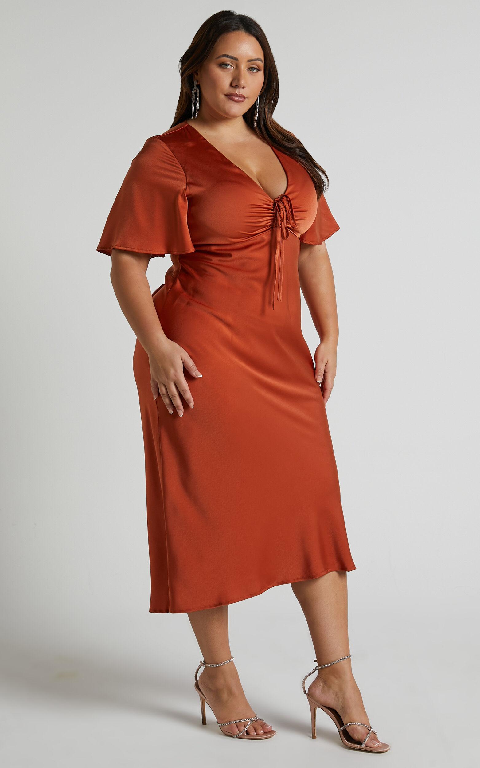 Nicholla Midi Dress - Ruched Front Angel Sleeve Slip Dress in Copper Product Image