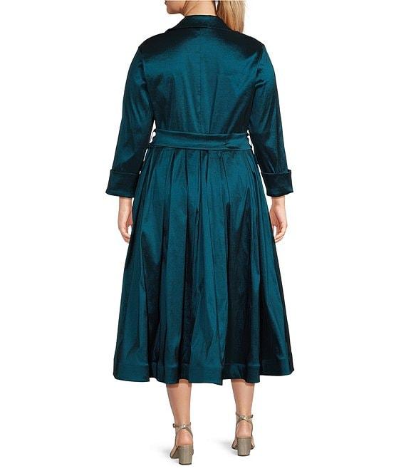 Marina Plus Size 3/4 Sleeve Point Collar Neck Tie Waist Taffeta Midi A-Line Dress Product Image