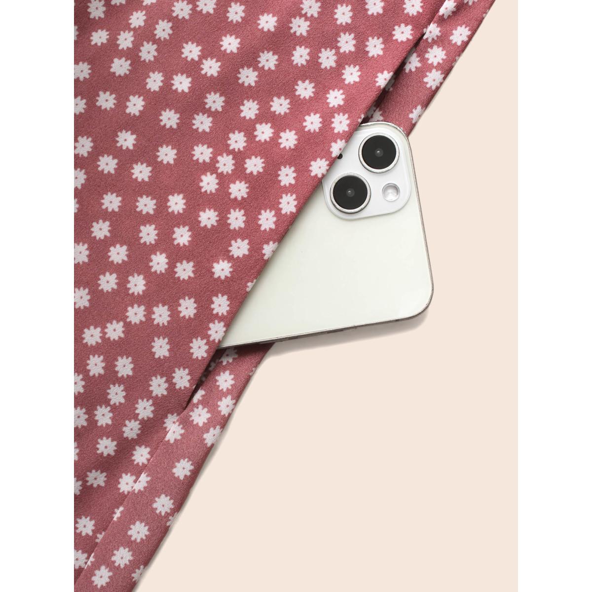 Plus Size Ditsy Floral Contrast Trim Button Detail Dress DustyPink Women Elegant Gathered Boat Neck Half Sleeve Curvy BloomChic 28/5X Product Image