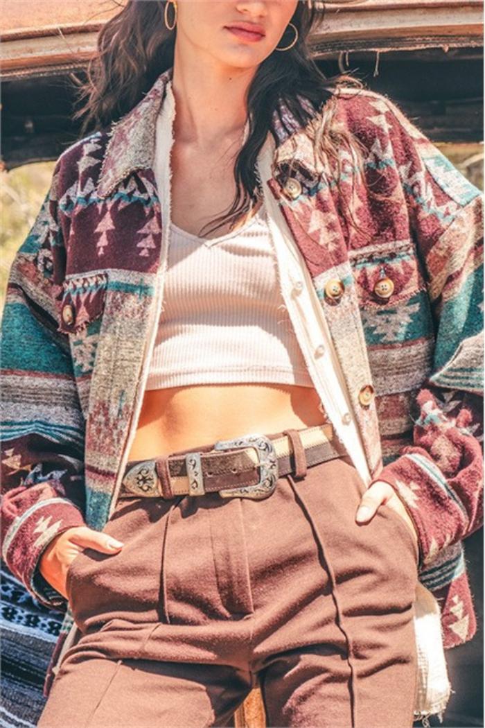 MINT MIX AZTEC PATTERN COLLARed JACKET Product Image