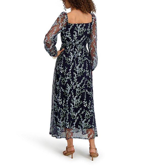 Kensie Long Sleeve Square Neck Embroidered Mesh Midi Dress Product Image