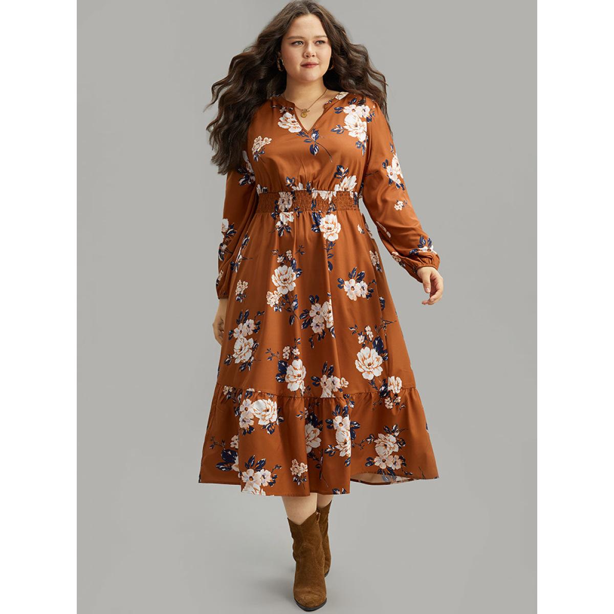 Plus Size Floral Print Notched Shirred Elastic Cuffs Dress Chocolate Women Elegant Elastic cuffs Notched collar Long Sleeve Curvy Midi Dress BloomChic 22-24/3X Product Image